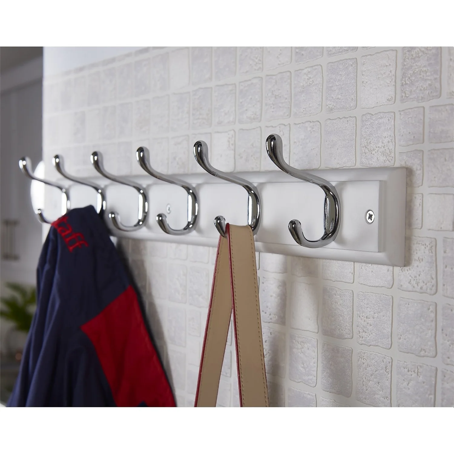 6 Coat Polished Chrome Hooks On White Stepped Board 4 6 Coat Polished Chrome Hooks On White Stepped Board - Image 2