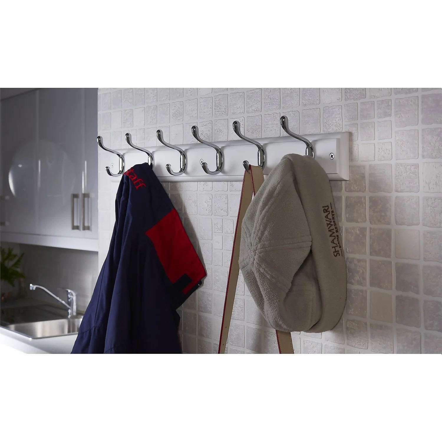 6 Coat Polished Chrome Hooks On White Stepped Board 5 6 Coat Polished Chrome Hooks On White Stepped Board - Image 3