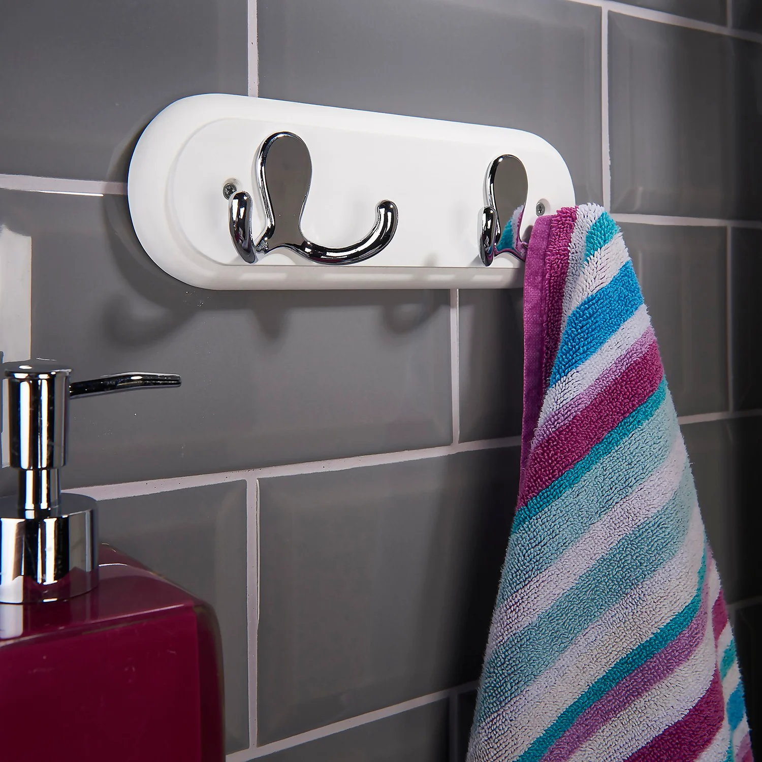 None White Hook Rail - Polished Chrome - 2 Hooks 4 None White Hook Rail - Polished Chrome - 2 Hooks - Image 2