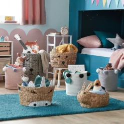 Round Cotton Rope Mono Pom Pom Basket -Furniture Shop 12886598 1514940538585426